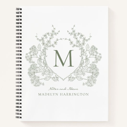 Classic Sage Green Floral Crest Monogram Notitieboek (Voorkant)