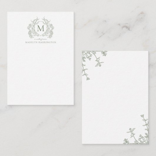 Classic Sage Green Floral  Crest Monogram Notitiekaartje (Voorkant / Achterkant)