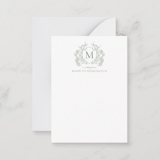 Classic Sage Green Floral  Crest Monogram Notitiekaartje (Voorkant)