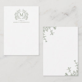 Classic Sage Green Floral  Crest Monogram Notitiekaartje