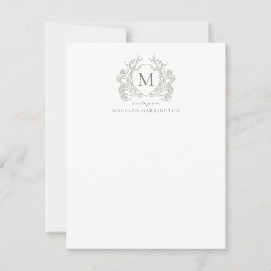 Classic Sage Green Floral  Crest Monogram Notitiekaartje (Voorkant)