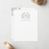 Classic Sage Green Floral  Crest Monogram Notitiekaartje (Voorkant / Achterkant in situ)
