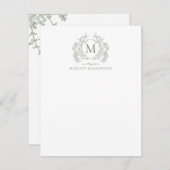 Classic Sage Green Floral  Crest Monogram Notitiekaartje (Voorkant / Achterkant)