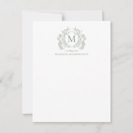 Classic Sage Green Floral  Crest Monogram Notitiekaartje