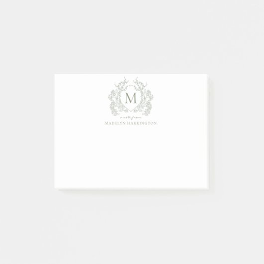 Classic Sage Green Floral  Crest Monogram Post-it® Notes (Voorkant)