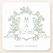 Classic Sage Green Floral Crest Monograms Wedding  Kartonnen Onderzetters (Voorkant)