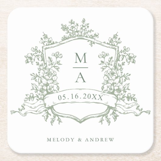 Classic Sage Green Floral Crest Monograms Wedding  Kartonnen Onderzetters (Voorkant)