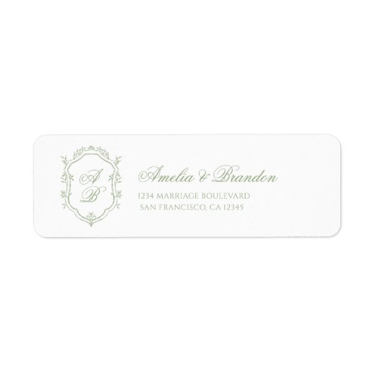 Classic Sage Green Floral Monogram Crest Wedding Etiket (Voorkant)