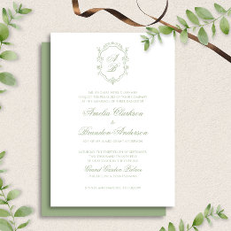 Classic Sage Green Floral Monogram Crest Wedding Kaart