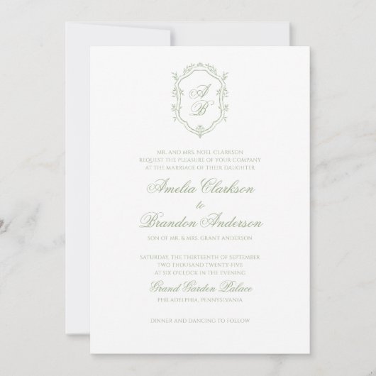 Classic Sage Green Floral Monogram Crest Wedding Kaart (Voorkant)