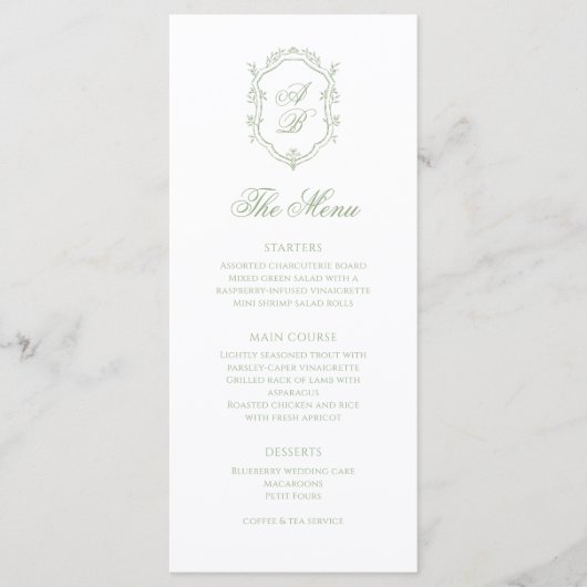 Classic Sage Green Floral Monogram Crest Wedding Menu (Voorkant)