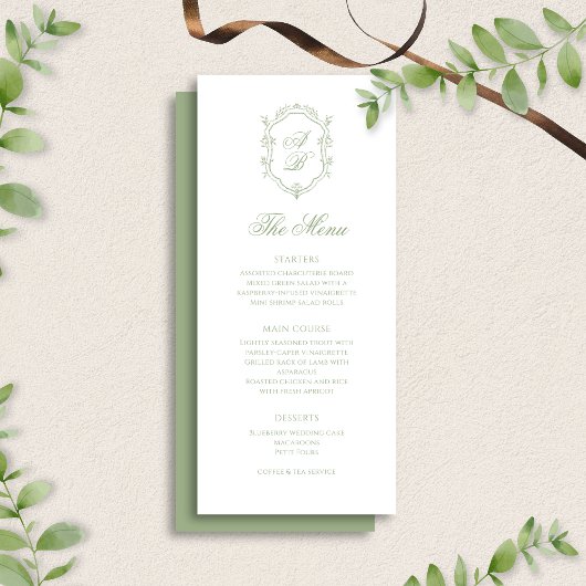 Classic Sage Green Floral Monogram Crest Wedding Menu