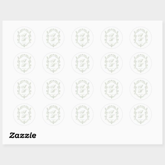 Classic Sage Green Floral Monogram Crest Wedding Ronde Sticker (Vel)
