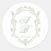 Classic Sage Green Floral Monogram Crest Wedding Ronde Sticker (Voorkant)