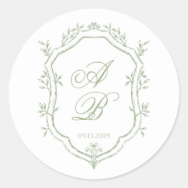 Classic Sage Green Floral Monogram Crest Wedding Ronde Sticker
