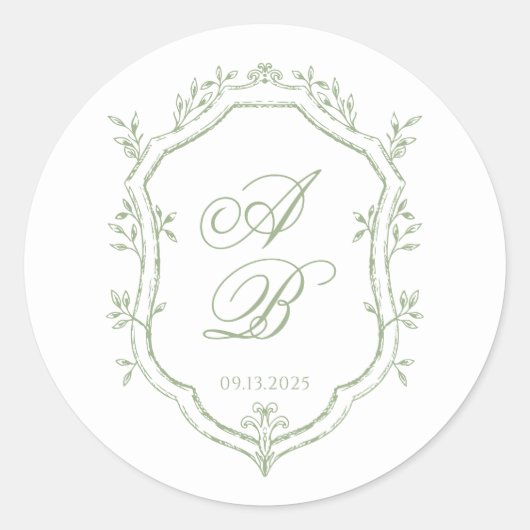 Classic Sage Green Floral Monogram Crest Wedding Ronde Sticker (Voorkant)