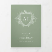 Classic sage green French floral QR code wedding Drieluik Uitnodiging (Cover)