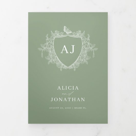 Classic sage green French floral QR code wedding Drieluik Uitnodiging (Cover)