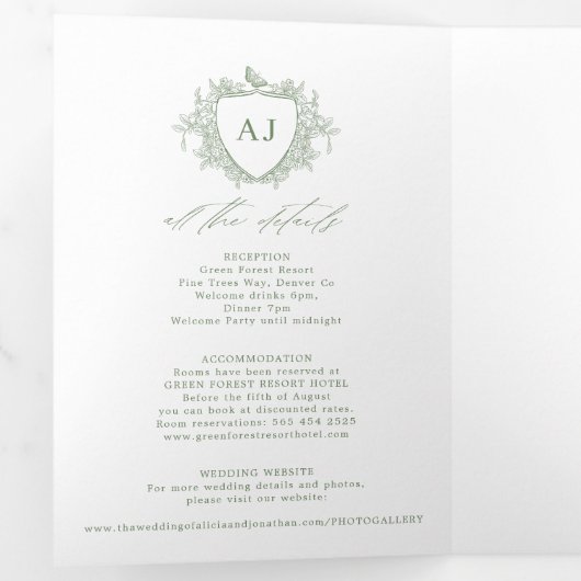 Classic sage green French floral QR code wedding Drieluik Uitnodiging (Binnenzijde eerst)