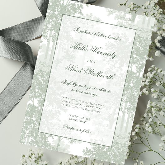 Classic Sage Green Landscape Toile Wedding Kaart