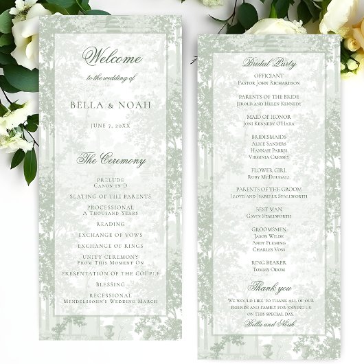 Classic Sage Green Landscape Toile Wedding Programmakaart