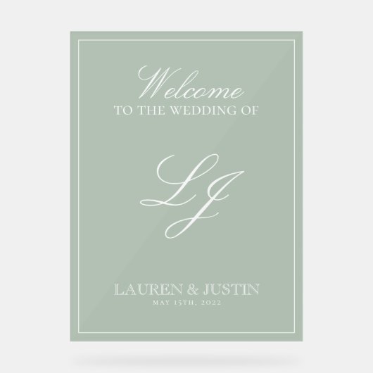 Classic Sage Green Modern Monogram Script Welkom Acryl Bord (Voorkant)
