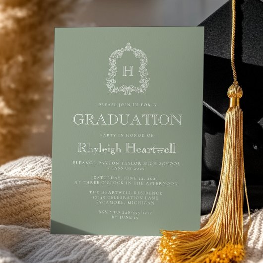 Classic Sage Green Monogram Crest Graduation Party Kaart