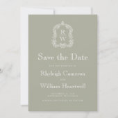 Classic Sage Green Monogram Crest Script Save The Date (Voorkant)