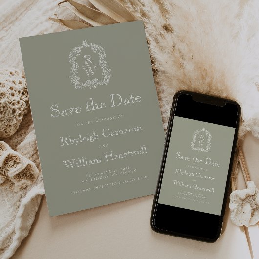Classic Sage Green Monogram Crest Script Save The Date