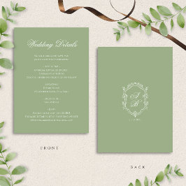 Classic Sage Green Monogram Crest Wedding Details Informatiekaartje