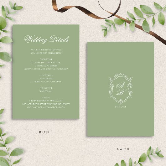 Classic Sage Green Monogram Crest Wedding Details Informatiekaartje