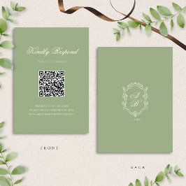 Classic Sage Green Monogram Crest Wedding QR Code RSVP Kaartje