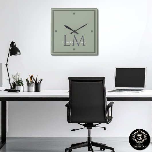 Classic Sage Green Monogram Office Accent Vierkante Klok