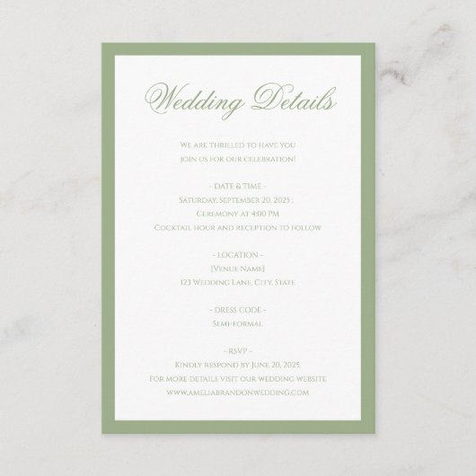 Classic Sage Green Monogram Script Wedding Details Informatiekaartje (Voorkant)