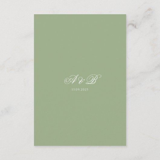 Classic Sage Green Monogram Script Wedding Details Informatiekaartje (Achterkant)