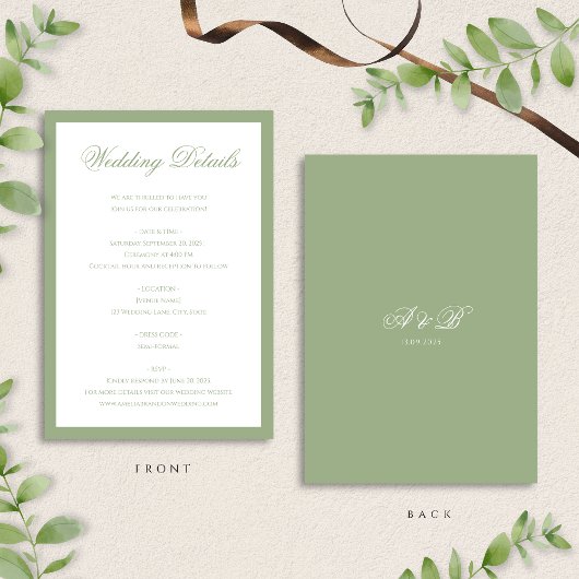 Classic Sage Green Monogram Script Wedding Details Informatiekaartje