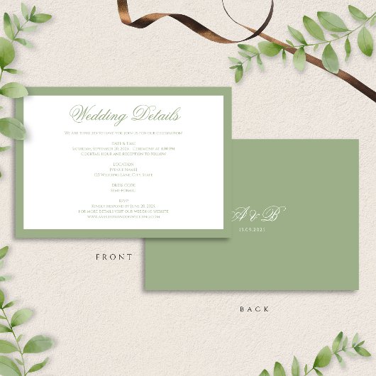 Classic Sage Green Monogram Script Wedding Details Informatiekaartje