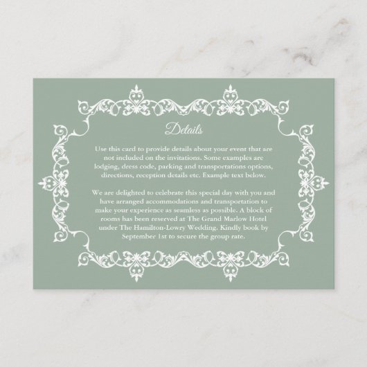Classic Sage Green Ornately Framed Wedding Informatiekaartje (Voorkant)