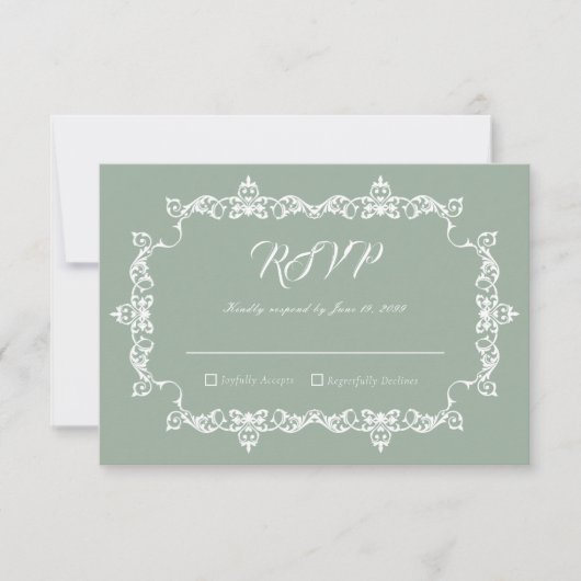 Classic Sage Green Ornately Framed Wedding RSVP Kaartje (Voorkant)