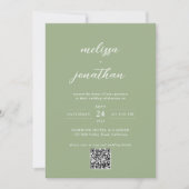 Classic Sage Green Photo Script QR Code Wedding Kaart (Voorkant)