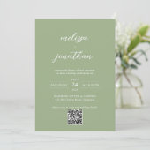 Classic Sage Green Photo Script QR Code Wedding Kaart (Staand voorkant)