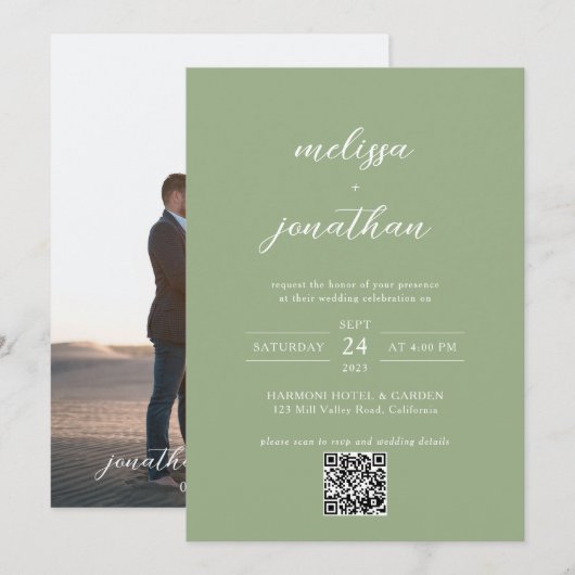 Classic Sage Green Photo Script QR Code Wedding Kaart (Voorkant / Achterkant)