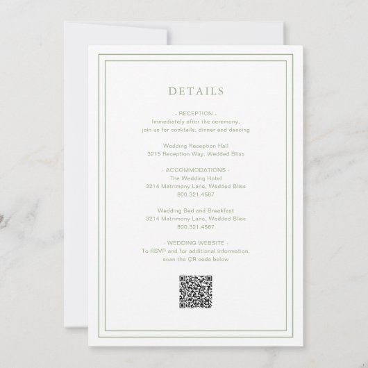 Classic Sage Green QR Code Elegante bruiloft Kaart (Achterkant)