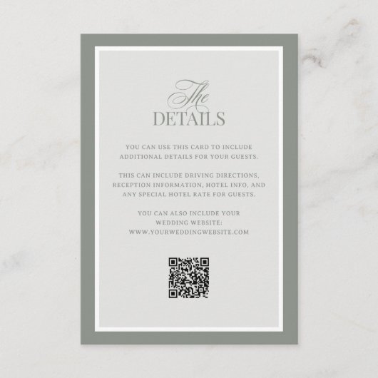 Classic Sage Green | QR Code Wedding Guest Details Informatiekaartje (Voorkant)