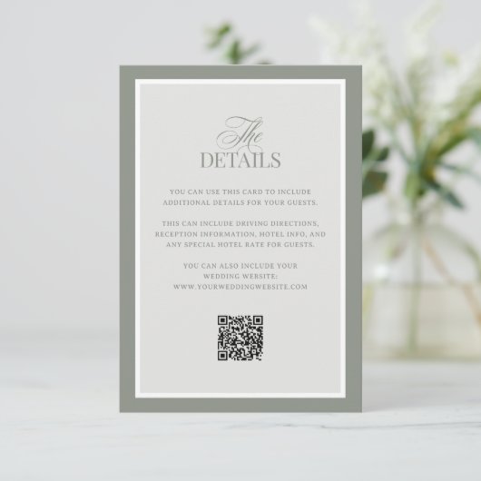 Classic Sage Green | QR Code Wedding Guest Details Informatiekaartje (Staand voorkant)