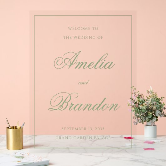 Classic Sage Green Script & Border Wedding Welcome Acryl Bord (Huwelijk)