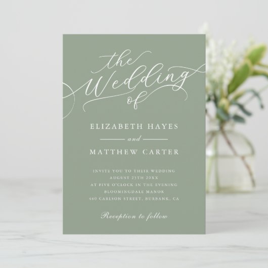 Classic Sage Green Script Wedding Kaart (Staand voorkant)