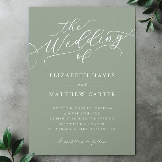 Classic Sage Green Script Wedding Kaart