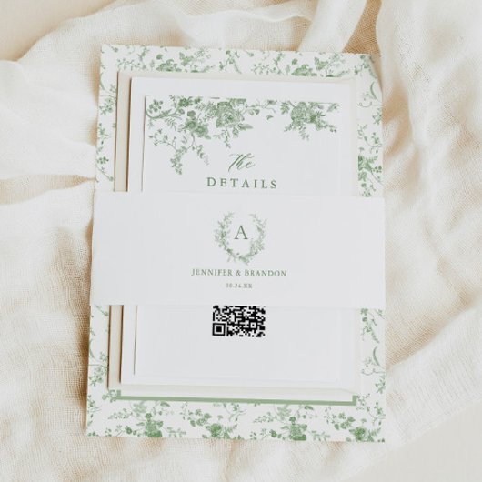 Classic Sage Green Toile Monogram Huwelijk Uitnodigingen Wikkel