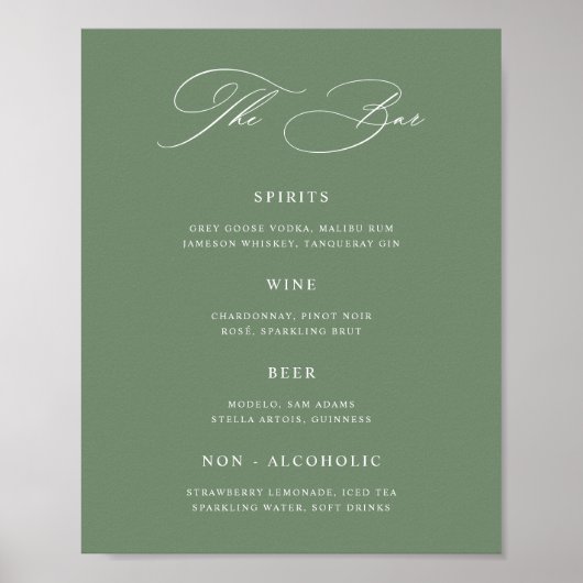 Classic Sage Green Wedding Bar Menu Poster (Voorkant)